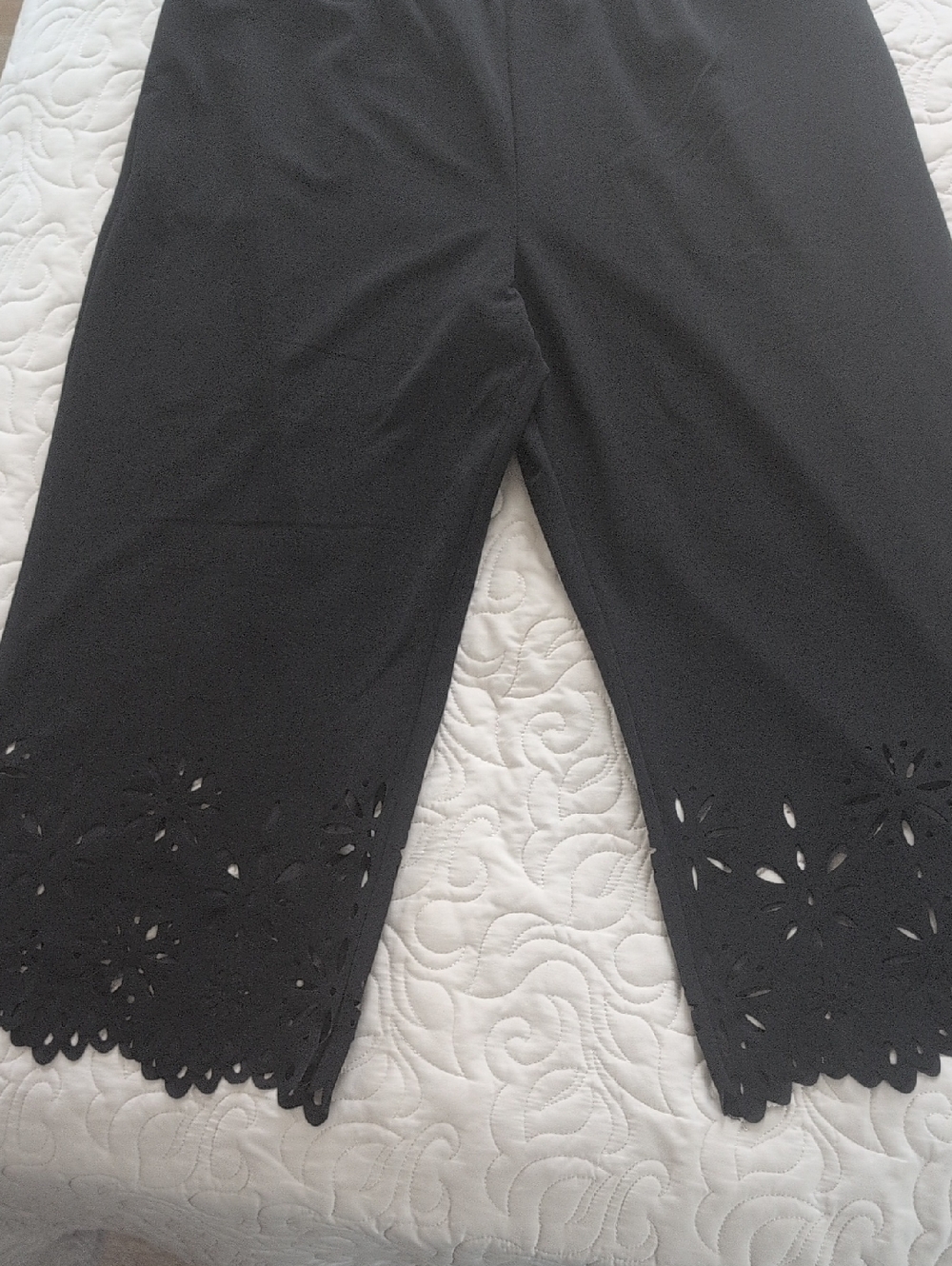Black Cropped Pants with Scalloped Laser-Cut Hem